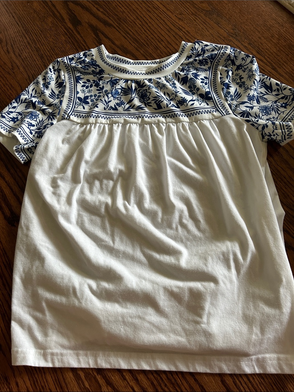 White Short Sleeve Top with Blue Floral Yoke
